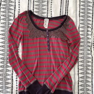 Free People Pink and Brown Striped Top with Lace